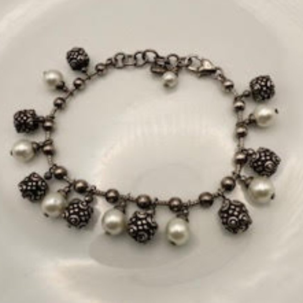 Brighton Silver Tone Pearl Bead Charm Bracelet Heart Clasp Adjustable